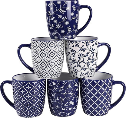 Schliersee 18 OZ Large Coffee Mugs Set of 6, Ceramic Mug for Man Woman, Blue White Geometric Floral Porcelain Cup for Latte, Hot Tea, Cappuccino, Mocha, Cocoa, Housewarming Wedding Mug Present