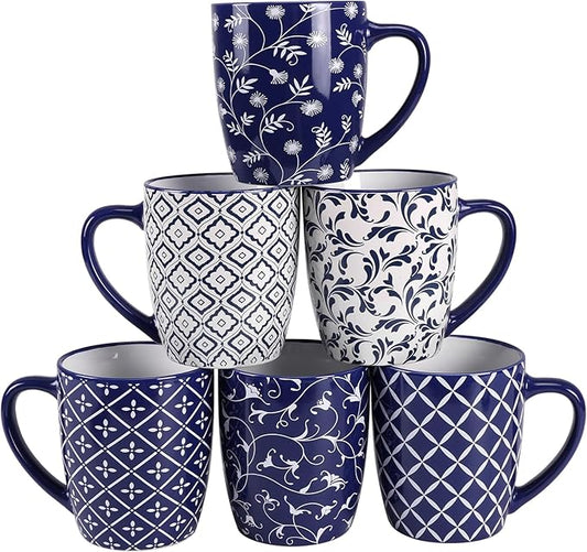 Schliersee 18 OZ Large Coffee Mugs Set of 6, Ceramic Mug for Man Woman, Blue White Geometric Floral Porcelain Cup for Latte, Hot Tea, Cappuccino, Mocha, Cocoa, Housewarming Wedding Mug Present