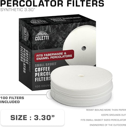 COLETTI Percolator Coffee Filters — Disc Coffee Filters For Percolators – For Classic Enamel Percolator Coffee Pots – Perfectly Tasteless, Mesh Filter [100 pack, Synthetic, 3.3” Small Basket]