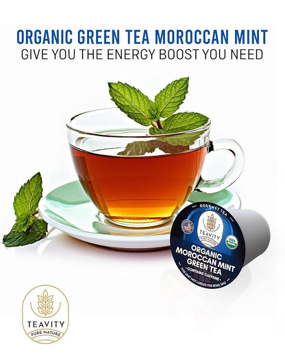 Organic Moroccan Mint Tea and Green Tea Pods for Keurig - Caffeinated Unsweet Tea for K Cup Brewing by Teavity (24 Tea Pods)