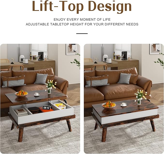Shintenchi Coffee Table, Lift Top Coffee Table with Hidden Compartment, Rising Tabletop Dining Table, Lift Top Coffee Center Table for for Living Room, Office, Home (Rustic Brown)