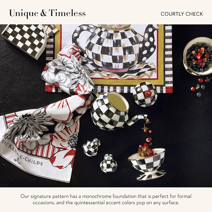 MACKENZIE-CHILDS Enamel Teapot, Cute Small Teapot with Lid, 4-Cup Capacity, Black-and-White Courtly Check