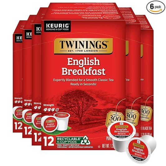 Twinings English Breakfast Black Tea 72 K-Cup Pods for Keurig, 12 Count (Pack of 6) Smooth, Flavourful, Robust, Caffeinated, Enjoy Hot or Iced