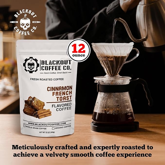 Blackout Coffee Cinnamon French Toast Flavored Ground Coffee – Medium Roast, Smooth Taste, Guilt-Free Indulgence – Freshly Roasted 12oz Pouch