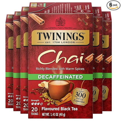 Twinings Decaffeinated Chai Individually Wrapped Bags, 20 Count (Pack of 6), Sweet, Savoury Spices, Enjoy Hot or Iced, 120 Teabags