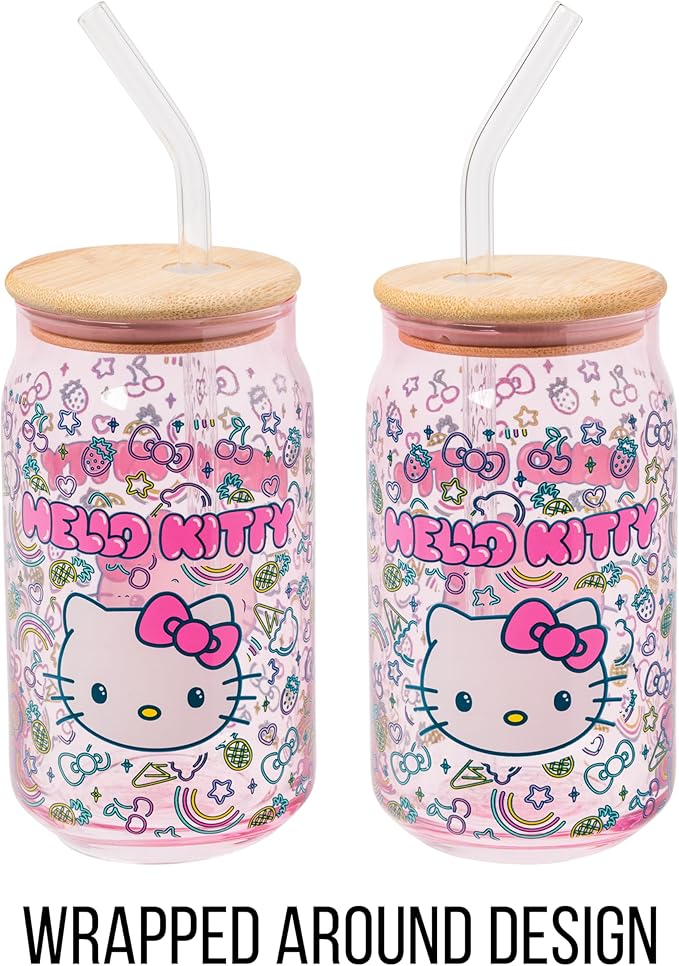 Silver Buffalo Sanrio Hello Kitty Neon Fruits Rainbows and Hearts Pattern Glass Jar Tumbler with Bamboo Lid and Glass Straw, 16 Ounces