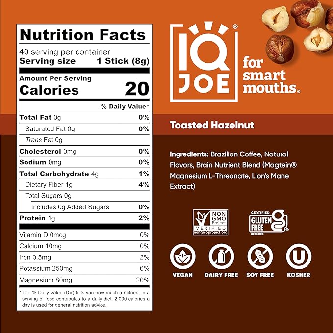 IQJOE Mushroom Coffee Packets (40 Servings) Lion’s Mane, Magtein Magnesium, Antioxidants, Adaptogens - Toasted Hazelnut - Instant Coffee for Focus, Clarity, Mood, Energy Boost - Sugar Free, Vegan