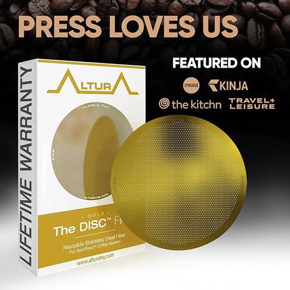ALTURA The DISC FINE Stainless Steel Filter for AeroPress Coffee Makers – Reusable Metal Filter Replacement for Rich Flavor, Travel, and Eco-Friendly Brewing (Limited Edition GOLD)