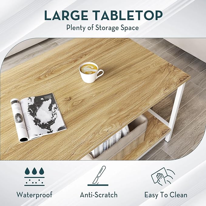 SAYGOER Coffee Table with Storage 2-Tier Industrial Center Table for Living Room, Rectangle Wood Table for Small Spaces Apartment Home Office, Oak White