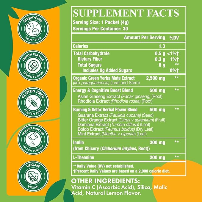 Yerba Mate 4000mg, 10 in 1 Super Yerba Mate Tea Instant Powder - No Sugar, Clean Energy with No Crash, Stay Refreshed and Focused, Gut Health, with Ginseng, Rhodiola, Prebiotic, L-Theanine, 60 Packets