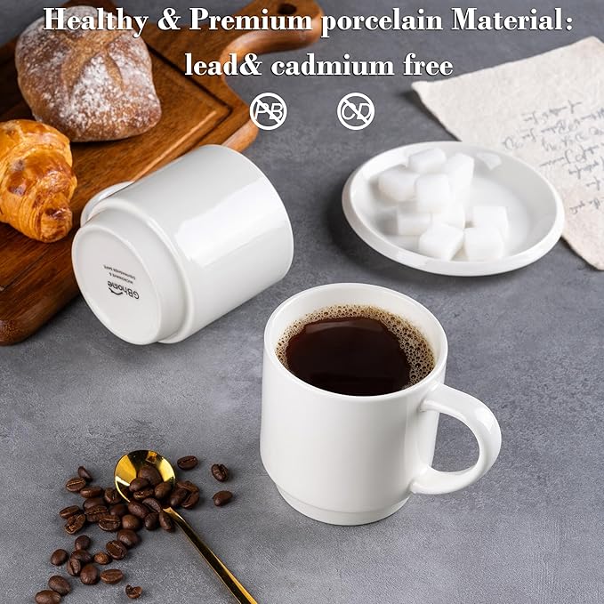 GBHOME 11OZ Stackable Coffee Mugs, Ceramic Coffee Mugs Set of 6 for Man,Woman,Dad,Mom, Porcelain Coffee Mugs for Latte/Cappuccino/Cocoa. Dishwasher&Microwave Safe, Off White