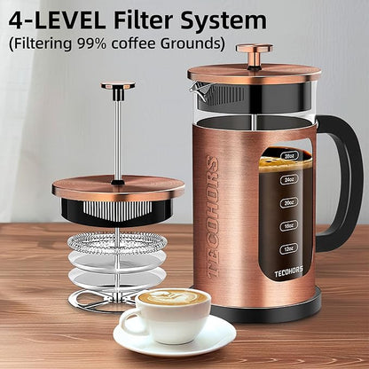 French Press Coffee Maker 34oz / 1 Quart 304 Stainless Steel Coffee Press,with 4 Filters System, Heat Resistant Thickness Borosilicate Glass, Brewed Coffee Pot (Copper)