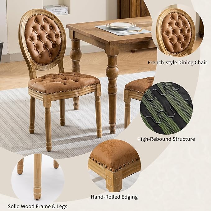 Vintage French Country Dining Chairs Set of 6, PU Leather Dining Chairs with Solid Wood Legs, Orange Upholstered Dining Chair, Sillas para Comedor, Kitchen & Dining Room Chair (Orange, PU, 6Pcs)