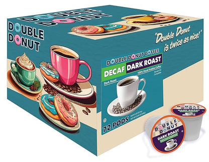 Double Donut Decaf Extra Bold Blend Dark Coffee pods, Dark Roast Coffee, Compatible with Keurig K Cups Brewers, 72 Count