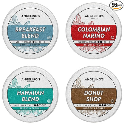 Angelino's Coffee - Medium Roast Coffee Pods Variety Pack, 96 Count - Includes Breakfast Blend, Colombian Nariño, Hawaiian Blend, Donut Shop, Single Serve Coffee Pods for Keurig K-Cup Brewers