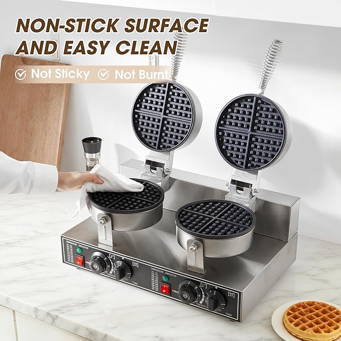 Commercial Waffle Maker, 2400W Waffle Iron, Professional Rotatable Waffle Baker Machine with Temp and Time Control, Non-Stick Baking Pan Stainless Steel for Restaurant Bakeries Kitchen Home