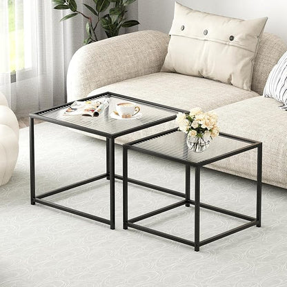 VILAWLENCE Coffee Table Set of 2, Modern Black Glass Side Table, Metal Frame Square End Table, Center Tables, Nesting Coffee Table for Living Room, Bedroom and Small Spaces, 23.6 in