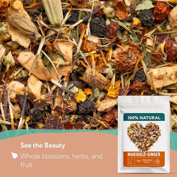 Premium Ginger Loose Leaf Tea with Marigold, Chamomile, Elderflower - Caffeine Free Herbal Tea with Real Herbs & Fruit – Te de Jengibre – 4oz.