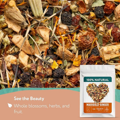 Premium Ginger Loose Leaf Tea with Marigold, Chamomile, Elderflower - Caffeine Free Herbal Tea with Real Herbs & Fruit – Te de Jengibre – 4oz.
