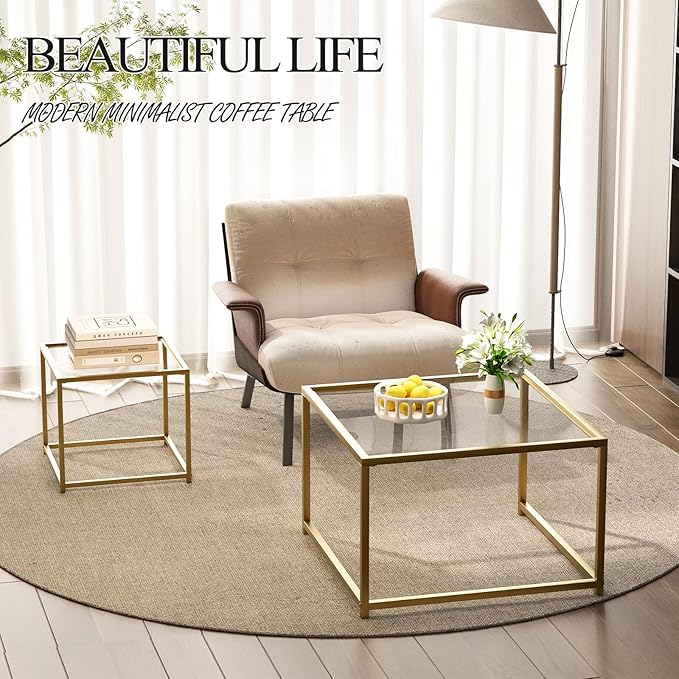 Glass Coffee Table Gold,Nesting Tables Set of 2, Minimalist Coffee Side End Tables for Small Spaces, Sofa Side Tea Coffee Table with Metal Frame for Home, Office, Space-Saving