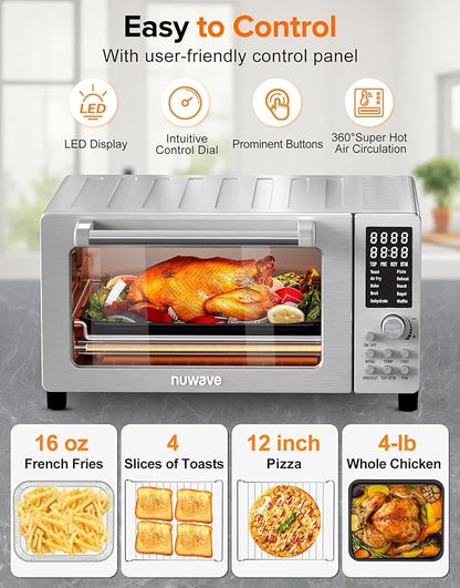 Nuwave Bravo Pro Smart 21QT Toaster Oven Air Fryer Combo, Convection Oven Countertop, 10 functions all in 1, with even & quick crisp technology, 50-450°F, 1800W, Stainless Steel