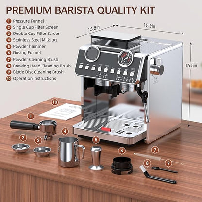 Espresso Machine with Grinder, 20 Bar Pressure Professional Espresso Maker with 30 Grinding Settings, 58mm Portafilte, Anti-scalding Milk Frother Steam Wand for Latte Cappuccino (Stainless Steel)