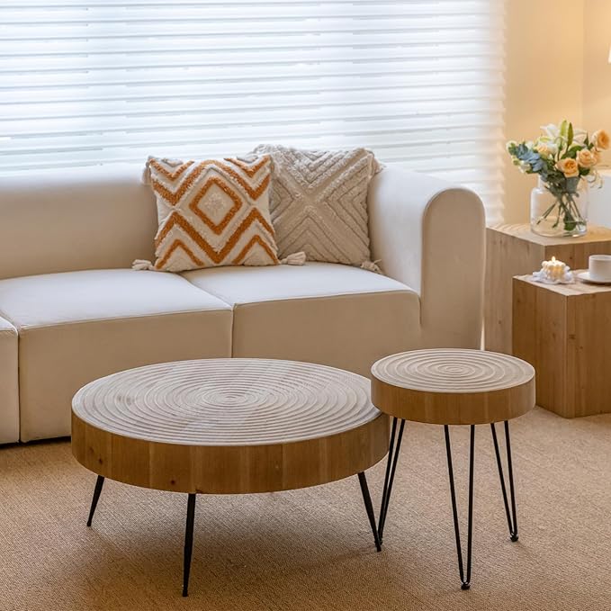 LONYKE 2-Piece Boho Farmhouse Nesting Table with Handcrafted Wood Ring Motif, Round Natural Finish Coffee Table Set for Living Room, French Country Decor, Round
