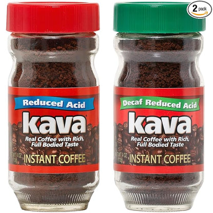 Kava Low Acid Instant Coffee Lover Bundle Set, 4 Ounce Glass Jar of Each, Regular & Decaf