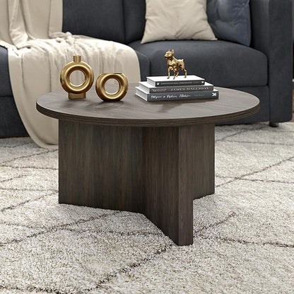 Henn&Hart 32" Round Wood Pedestal Coffee Table for Living Room, Family Room, Office, or Apartment, Alder Brown