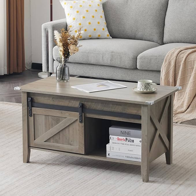 VINGLI Rustic Grey Lift Top Coffee Table, 36" Small Farmhouse Barn Door Coffee Table with Storage, Rectangular Center Coffe Table with Lifting Top, Lift Up Living Room Tables with Hidden Compartment