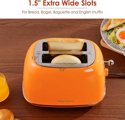 Roter Mond 2 Slice Toaster Retro Stainless Steel with Bagel, Cancel, and Defrost Functions, 6 Bread Shade Settings, Extra Wide Slots and Removable Crumb Tray, Orange