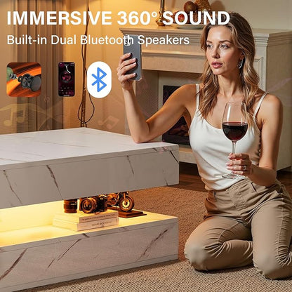 LED Coffee Table, 47.2" Coffee Tables with Storage Drawers, Smart Living Room Table with Wireless Charging & Bluetooth Speaker,Modern Center Tables for Living Room, White Marble