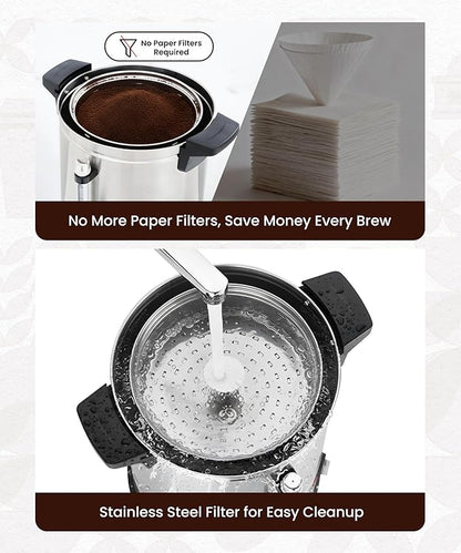 Commercial Coffee Maker 40-Cup Large Coffee Urn with Percolator Coffee Pot Electric 6L Stainless Steel Fast Brew Hot Water Dispenser for Tea Catering Events Home Office Easy Cleaning