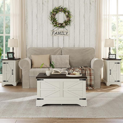 Furnideco Farmhouse Lift Top Coffee Table, Square Wood Center Table with Large Hidden Storage Compartment for Living Room, Rustic Cocktail White Modern Table with Hinged Lift Top, Brown Top