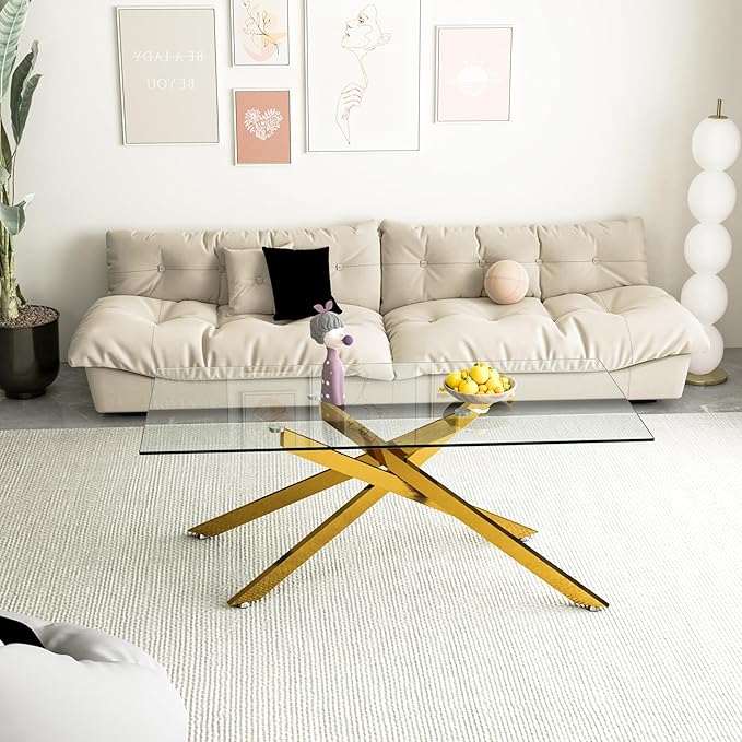 Gold Glass Coffee Table Set of 3 Modern End Table Living Room Side Table, Geometric Metal Legs 47.2 Inch Clear Rectangle Center Cocktail Tables, Gold