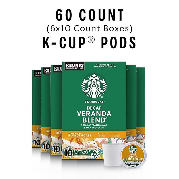 Starbucks K-Cup Coffee Pods, Starbucks Blonde Roast Coffee, Decaf Veranda Blend, 100% Arabica, 6 boxes (60 pods total)