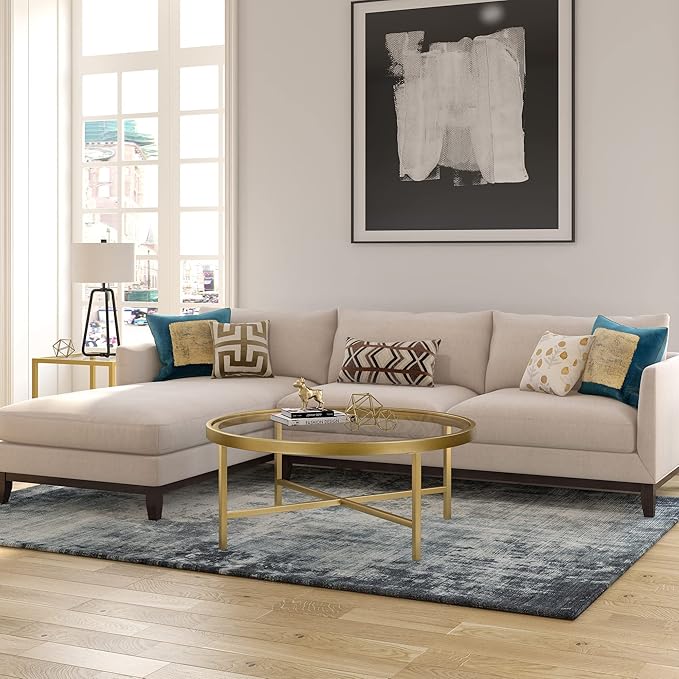 Henn&Hart 36" Wide Round Coffee Table with Glass Top in Brass, Modern coffee tables for living room, studio apartment essentials