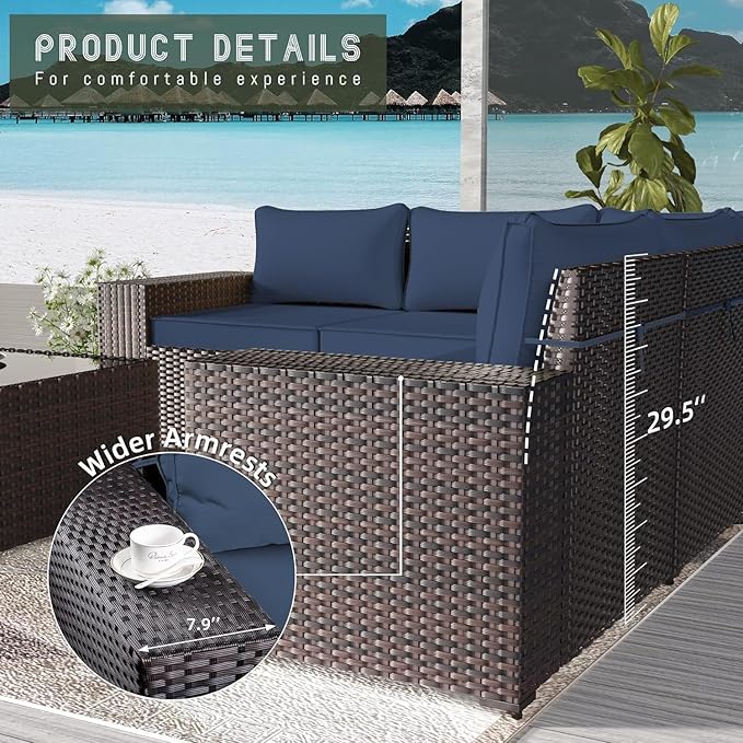 10 Pieces Outdoor Patio Furniture Set Outdoor Furniture Patio Sectional Sofa Conversation Set w/ETL Approved 45" Gas Outdoor Fire Table & Coffee Table, Swivel Rocking Chair Navy.