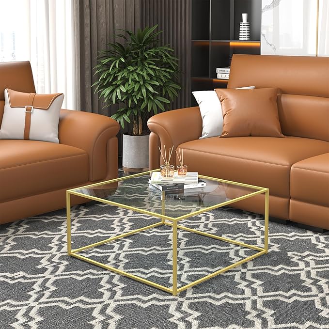 Glass Coffee Table Modern Center Table,Minimalist Coffee Table Sofa Side Tea Table for Living Room,Tempered Glass-top with Sturdy Metal Frame, Easy Assembly,26.4 x 26.4 x 15.7 Inches, Gold