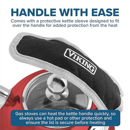 Viking 3-Ply Stainless Steel Tea Kettle, 2.6 Quart Stovetop Hot Water Pot with Tempered Glass Lid, Ergonomic Handle, Induction Ready, Red