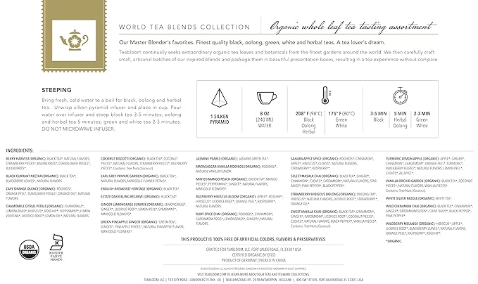 Teabloom - World's Finest Pyramid Tea Collection, 24 Varieties of USDA Certified Organic Teas - Black, Green, White, Oolong & Herbal Tea Blends