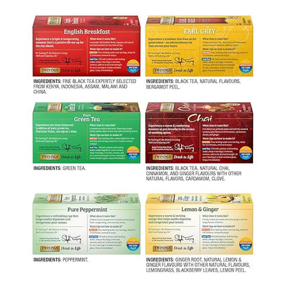 Twinings Variety Pack Tea Bags, 25 Count (Pack of 6) Includes English Breakfast, Earl Grey, Lemon Ginger, Peppermint, Green, and Chai, Enjoy Hot or Iced, 150 Teabags