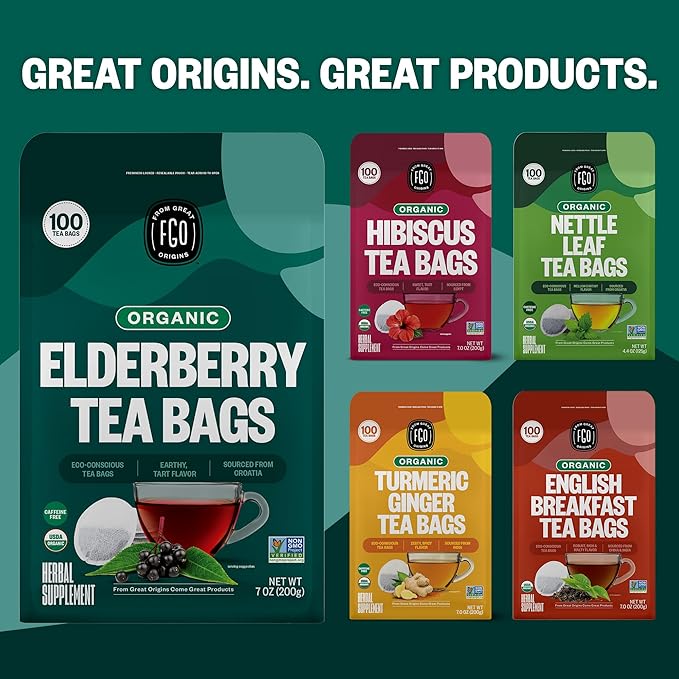 FGO Organic Elderberry Tea, 100 Count, Eco-Conscious Herbal Tea Bags, Resealabel Bag, Caffeine Free, Packaging May Vary (Pack of 1)