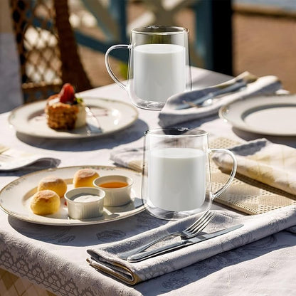 Joeyan Clear Double Walled Glass Coffee Mugs, Double Layer Tea Latte Cappuccino Cups with Handle, Double Lined Insulated High Borosilicate Glassware for Milk and Other Hot Beverages, 13.5 oz, Set of 2