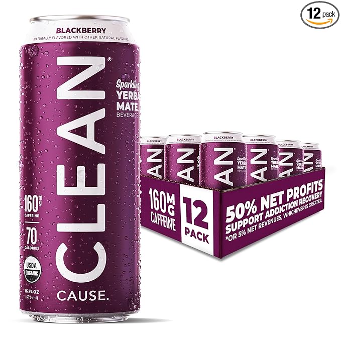 CLEAN Cause Low Calorie Blackberry USDA Organic Sparkling Yerba Mate Tea (16oz cans, 12-Pack Case) Low Sugar, 160mg Caffeine, Healthy Alternative to Soda & Energy Drinks.