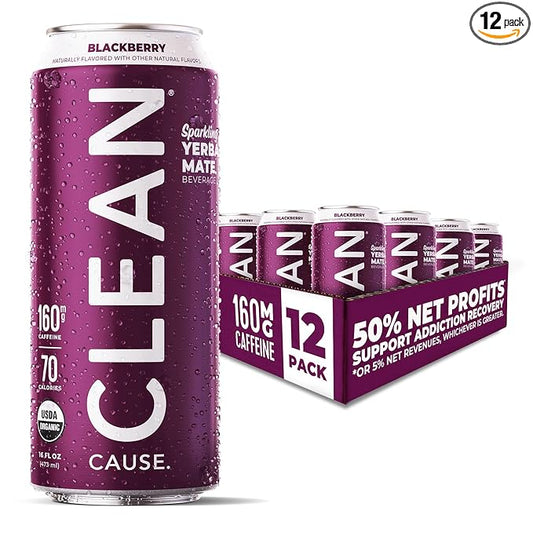CLEAN Cause Low Calorie Blackberry USDA Organic Sparkling Yerba Mate Tea (16oz cans, 12-Pack Case) Low Sugar, 160mg Caffeine, Healthy Alternative to Soda & Energy Drinks.