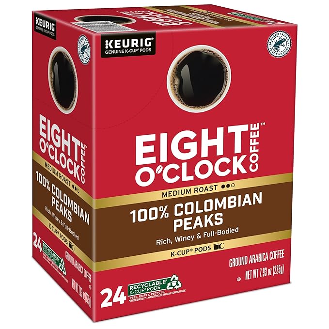 Eight O'Clock Coffee Colombian Peaks Keurig Single-Serve K-Cup Pods, Medium Roast Coffee, 96 Count (Pack of 4)