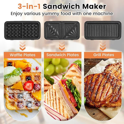 BECOMFORT 3 in 1 Waffle Maker, Sandwich Press w/3 Removable Non-stick Plates, Indicator Lights, Cool Touch Handle, Sandwich Maker & Panini Press w/5-gear Temperature Control for Breakfast Steak