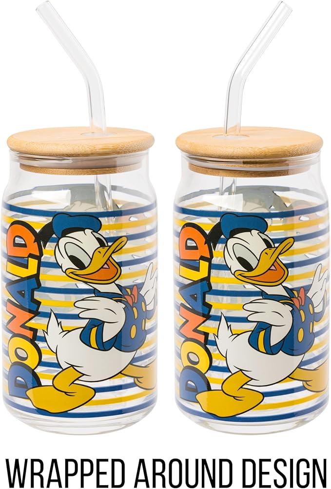 Silver Buffalo Disney Mickey and Friends Donald Duck Blue and Yellow Stripes Glass Jar Tumbler with Bamboo Lid and Glass Straw, 16 Ounces