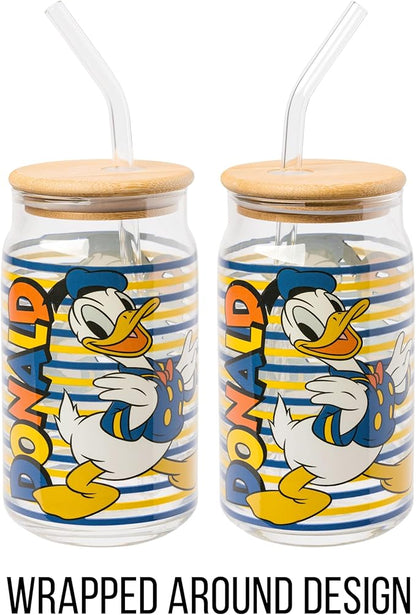 Silver Buffalo Disney Mickey and Friends Donald Duck Blue and Yellow Stripes Glass Jar Tumbler with Bamboo Lid and Glass Straw, 16 Ounces